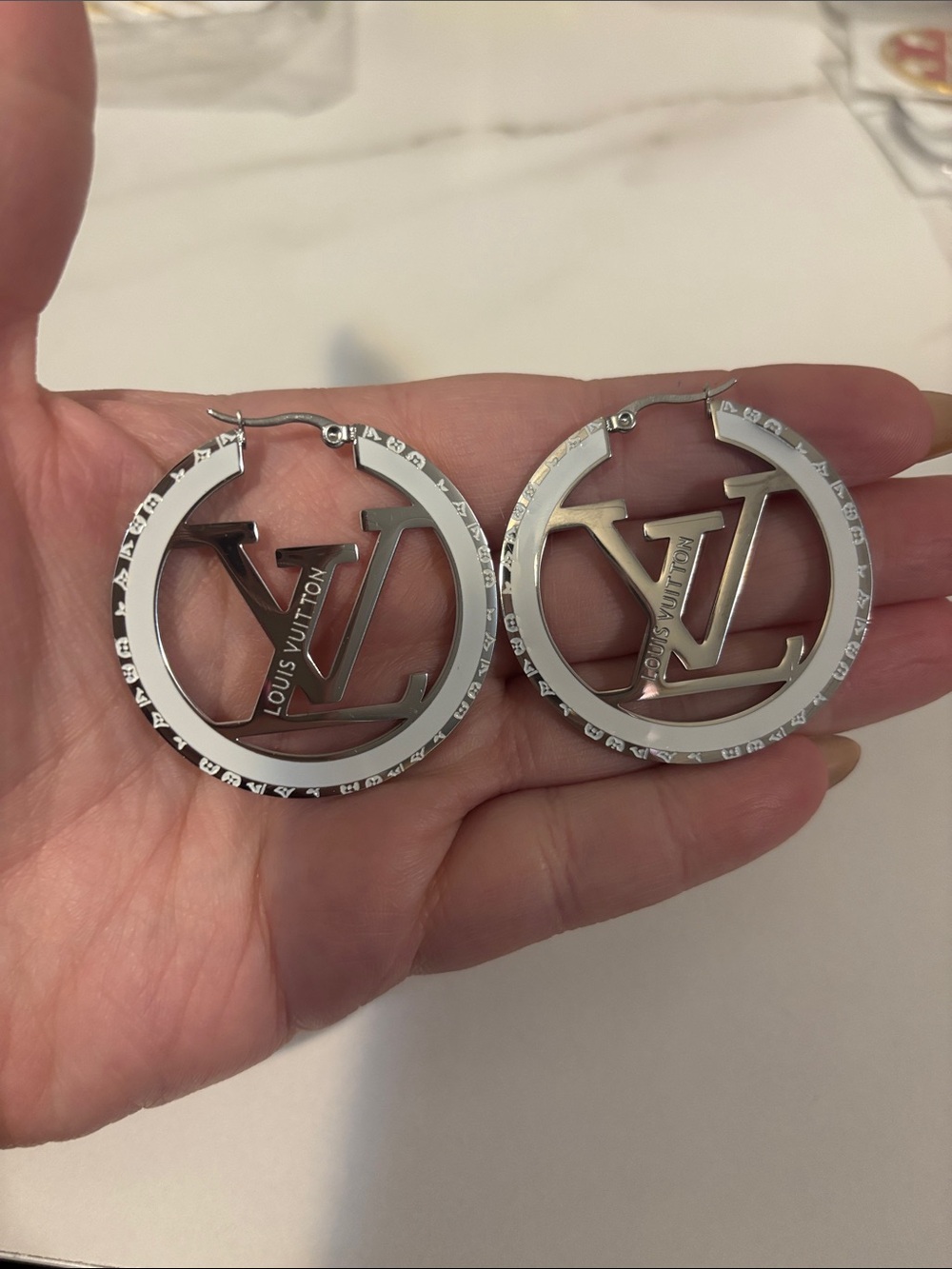 Silver-Tone LV Circle Logo Hoop Earrings